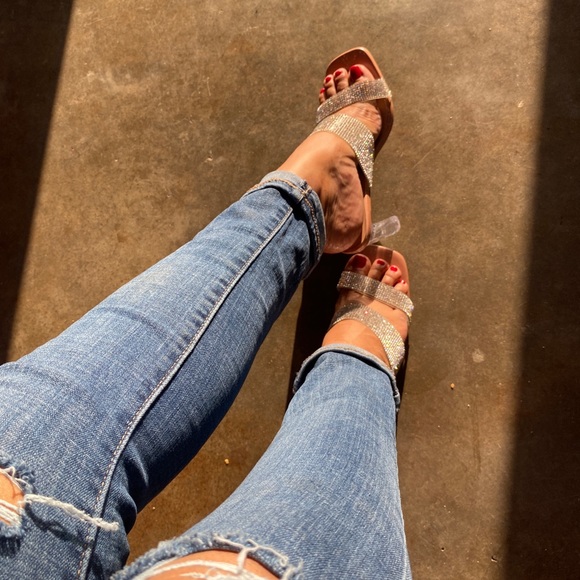 Nude Double Strap Blinged Lucite Heels - Picture 7 of 10